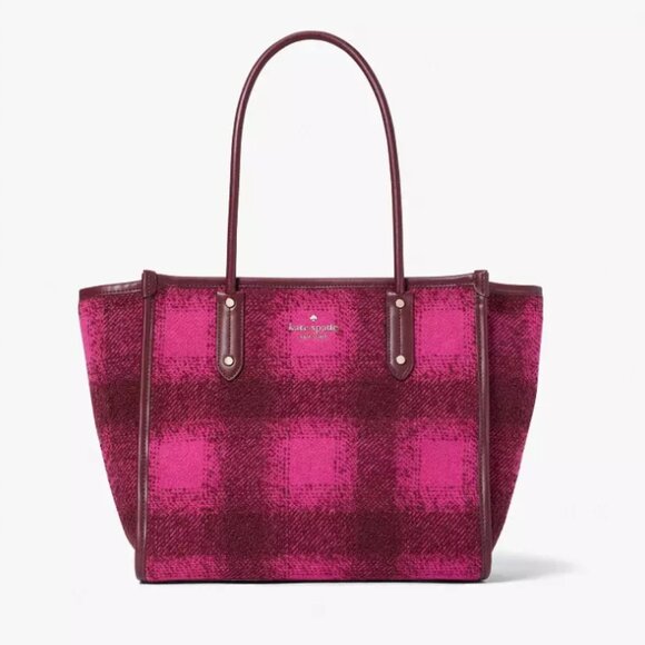 Kate Spade Ella Plaid Tweed Tote Medium Bright Rose Black Shoulder Bag - Picture 5 of 13